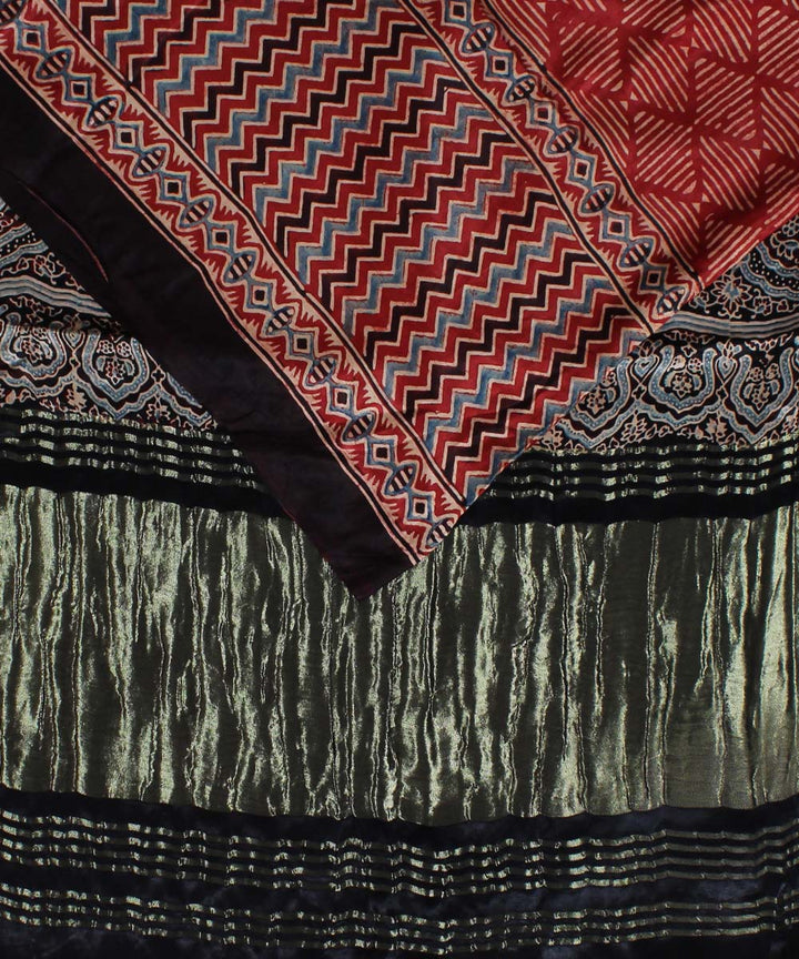 Red black modal silk ajrakh handloom tissue pallu saree