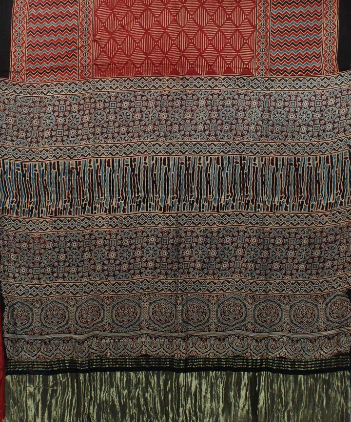 Red black modal silk ajrakh handloom tissue pallu saree