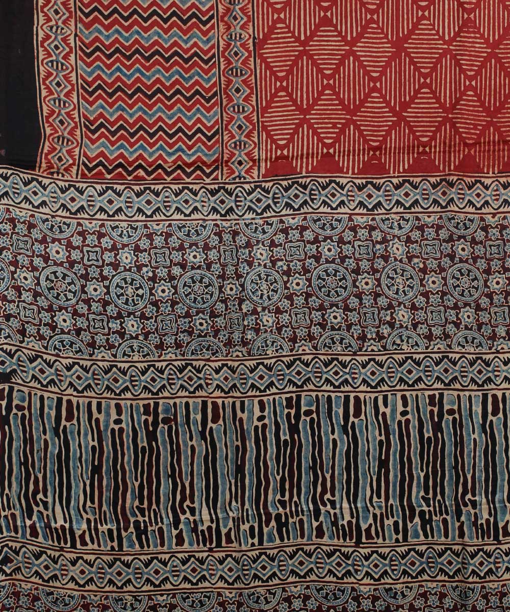 Red black modal silk ajrakh handloom tissue pallu saree