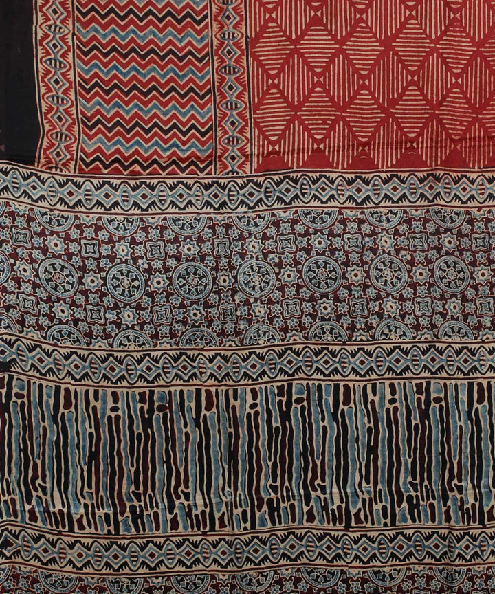 Red black modal silk ajrakh handloom tissue pallu saree