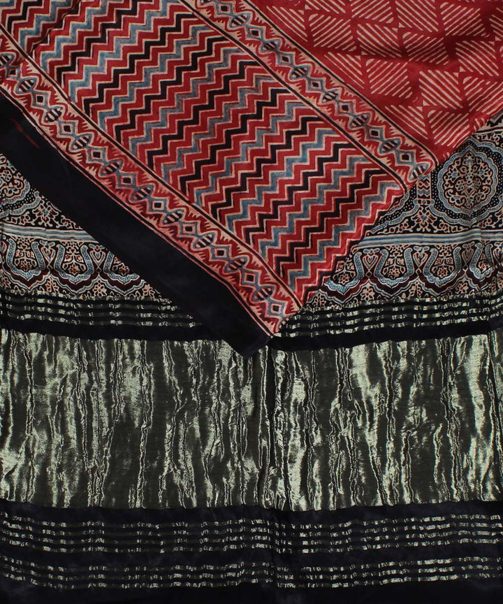 Red black handloom tissue pallu modal silk ajrakh saree