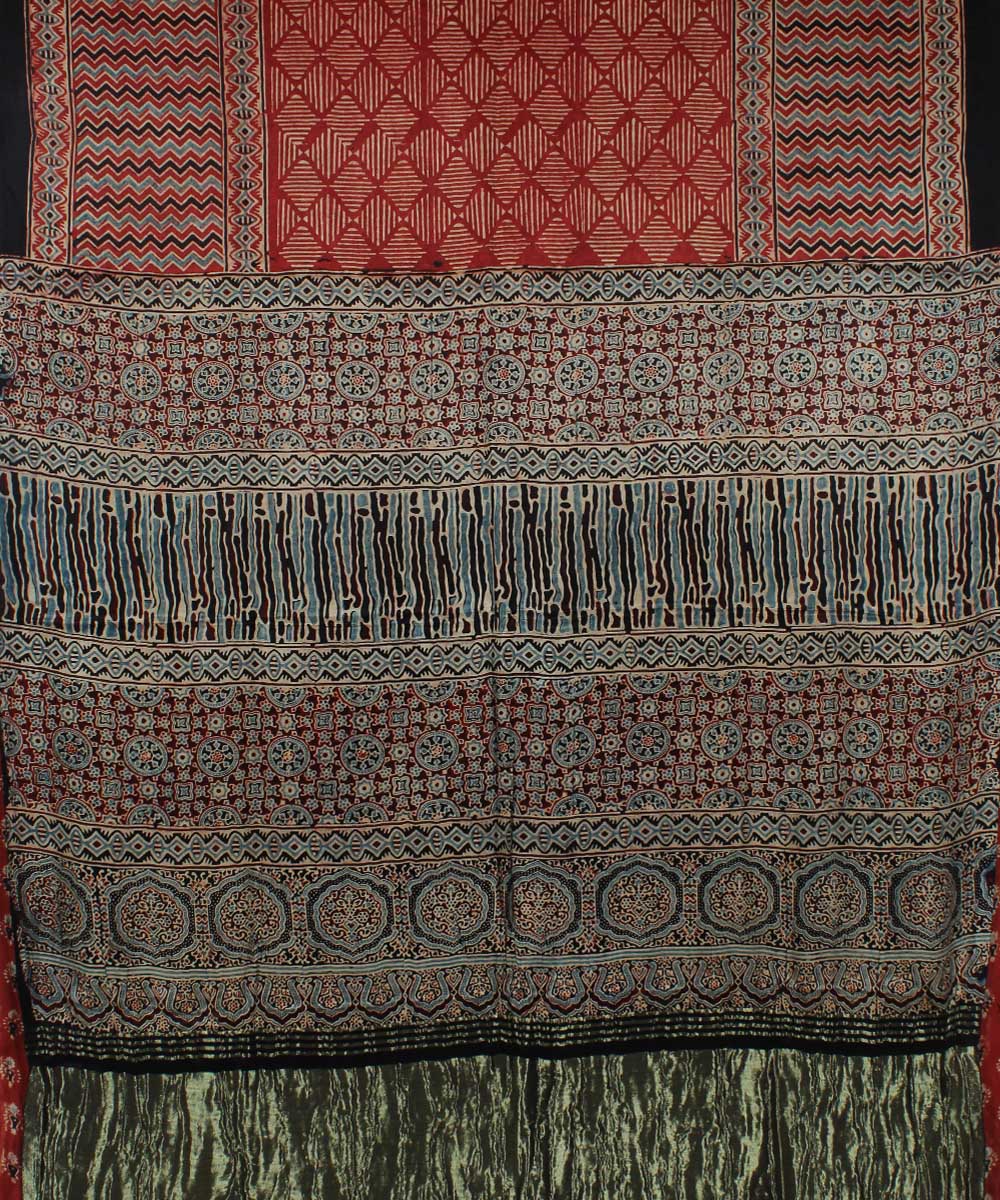 Red black handloom tissue pallu modal silk ajrakh saree