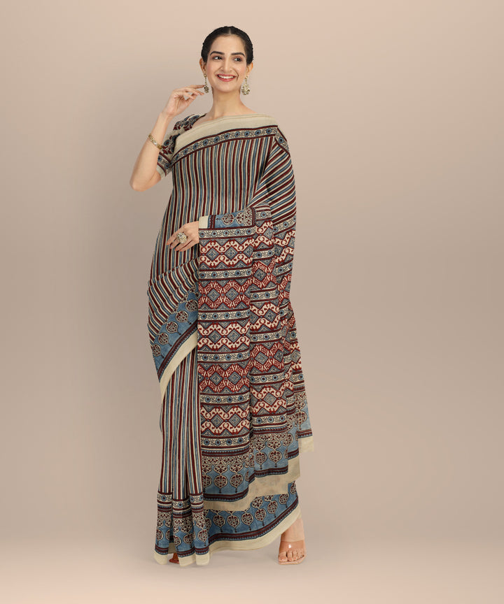 Multicolor hand printed ajrakh cotton saree