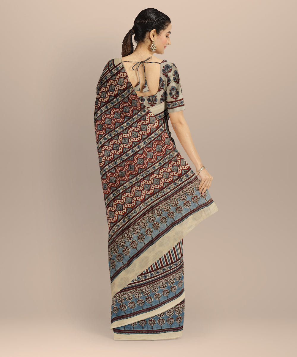 Multicolor hand printed ajrakh cotton saree