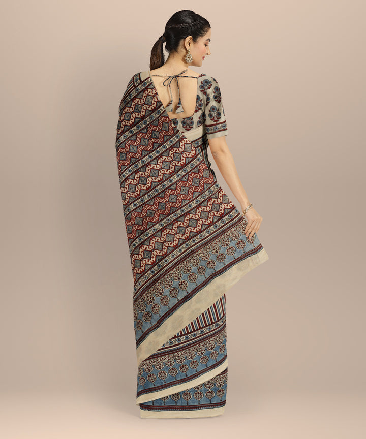 Multicolor hand printed ajrakh cotton saree