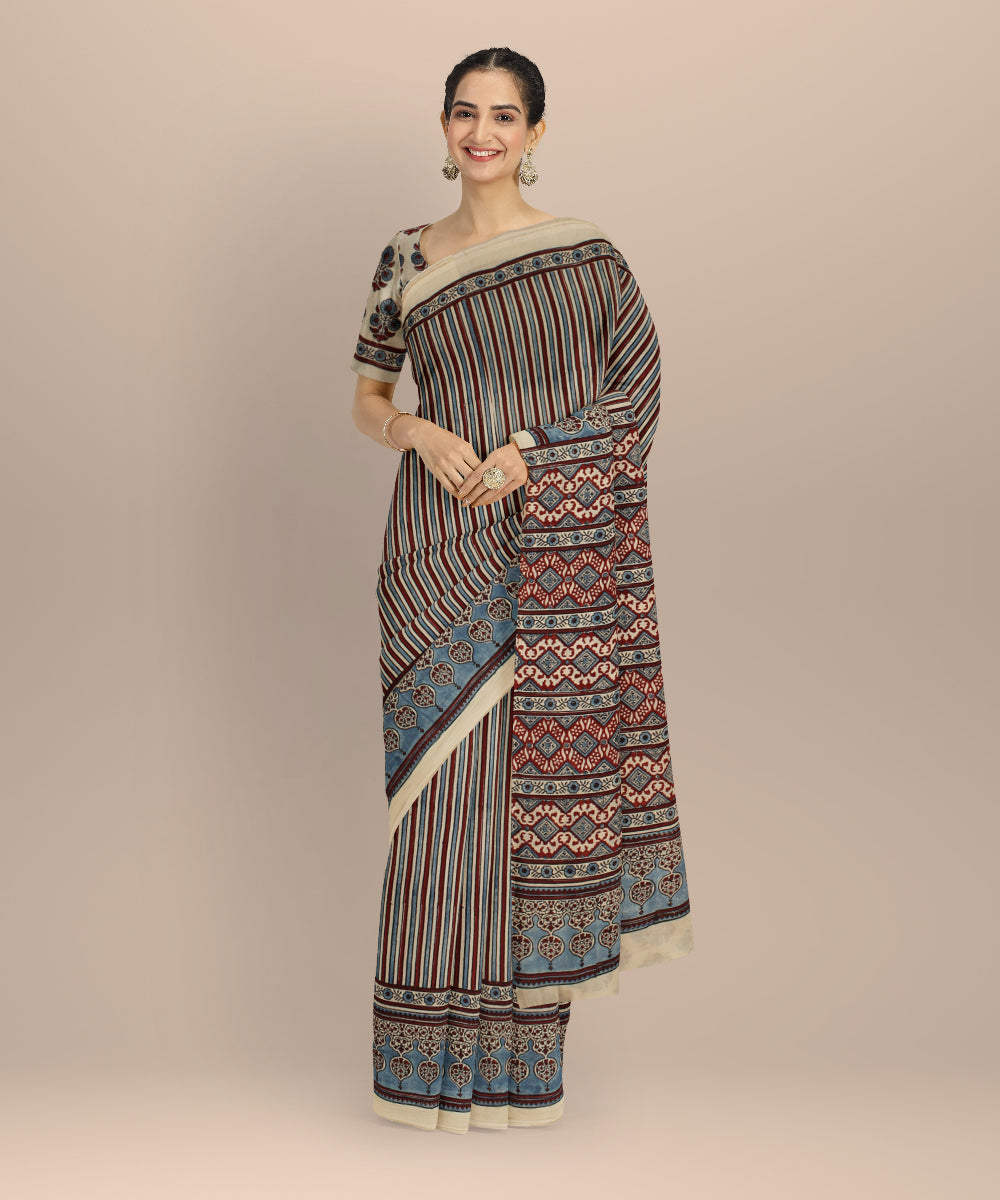 Multicolor hand printed ajrakh cotton saree
