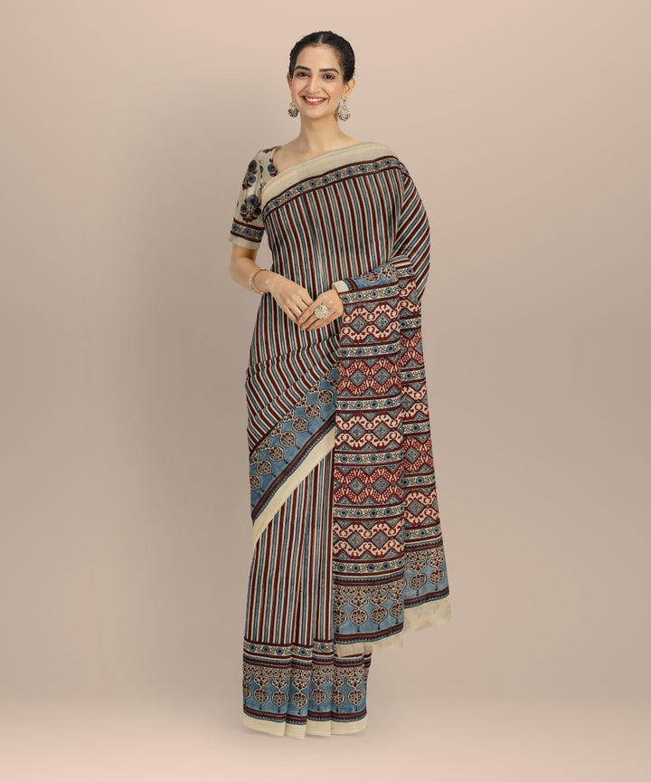 Multicolor hand printed ajrakh cotton saree