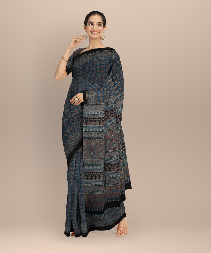 Black indigo cotton hand printed ajrakh saree