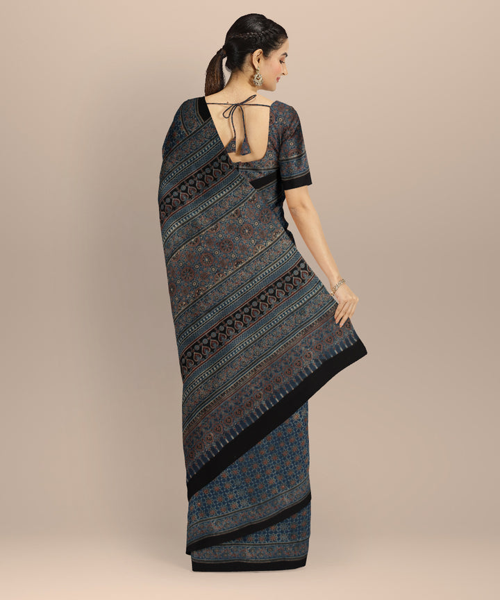 Black indigo cotton hand printed ajrakh saree