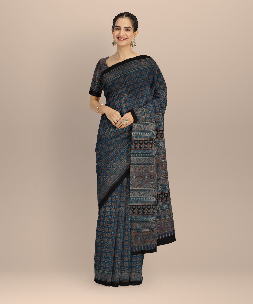 Black indigo cotton hand printed ajrakh saree