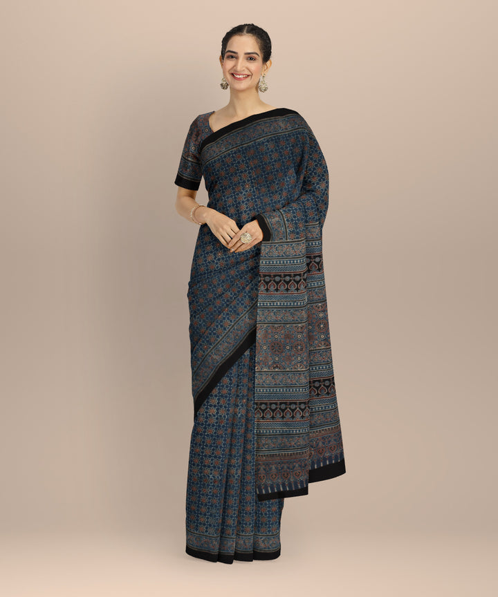 Black indigo cotton hand printed ajrakh saree