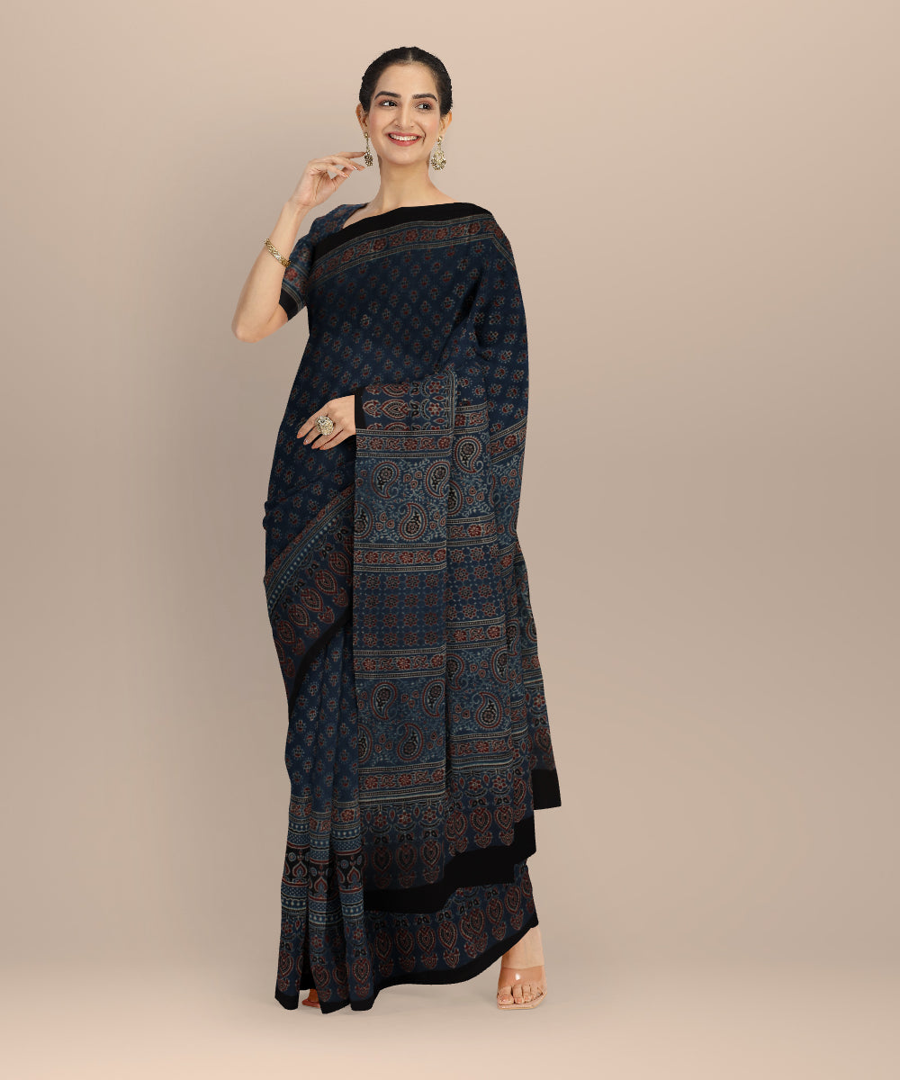 Black indigo hand printed ajrakh cotton saree