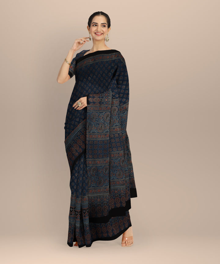 Black indigo hand printed ajrakh cotton saree