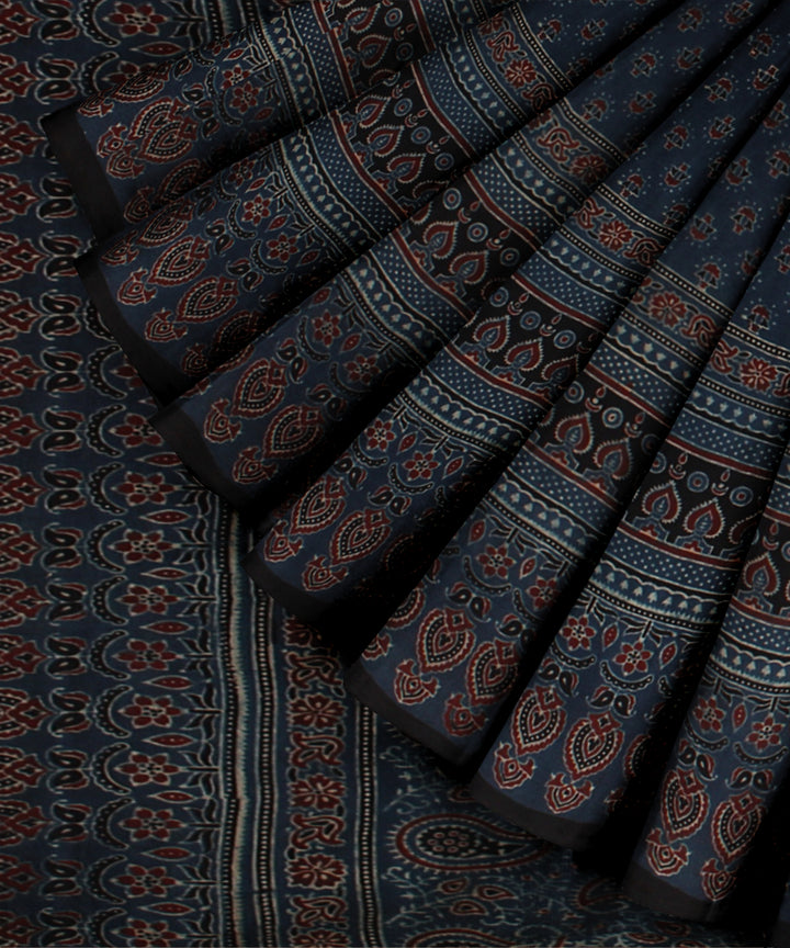 Black indigo hand printed ajrakh cotton saree