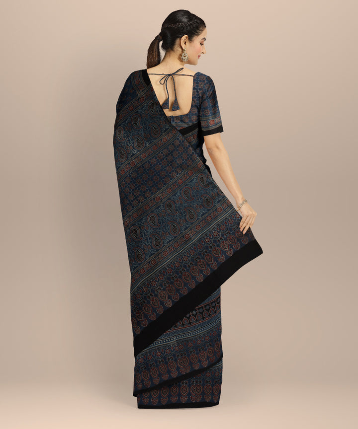 Black indigo hand printed ajrakh cotton saree