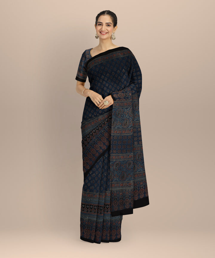 Black indigo hand printed ajrakh cotton saree