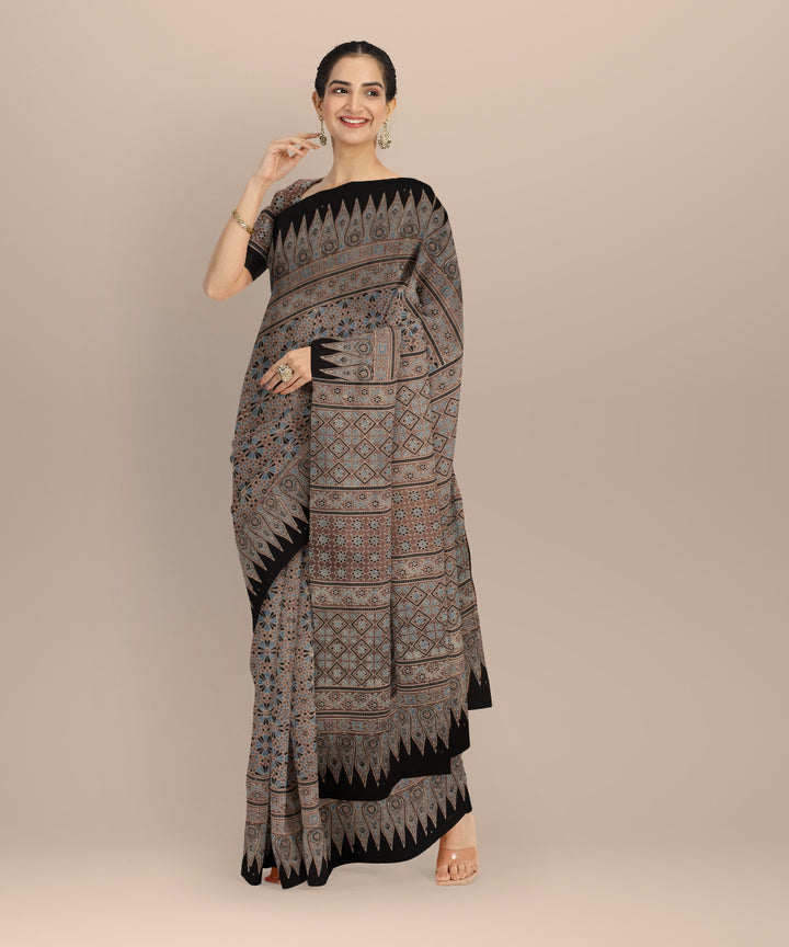 Black beige cotton hand printed ajrakh saree