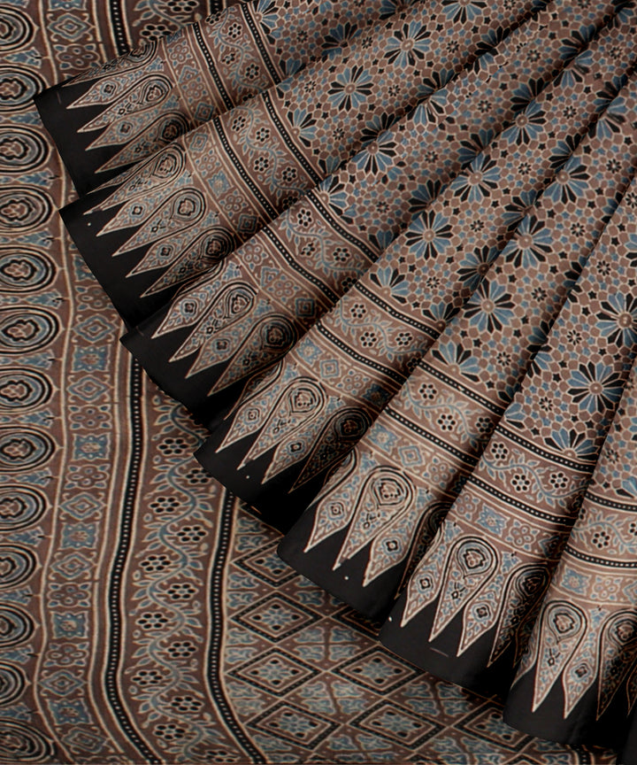 Black beige cotton hand printed ajrakh saree