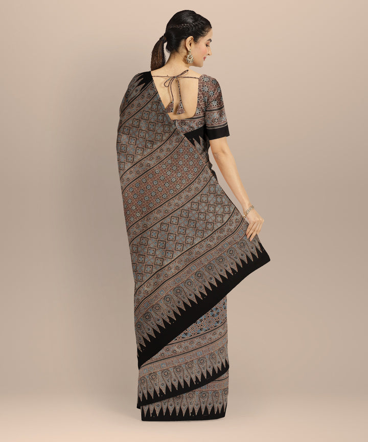 Black beige cotton hand printed ajrakh saree