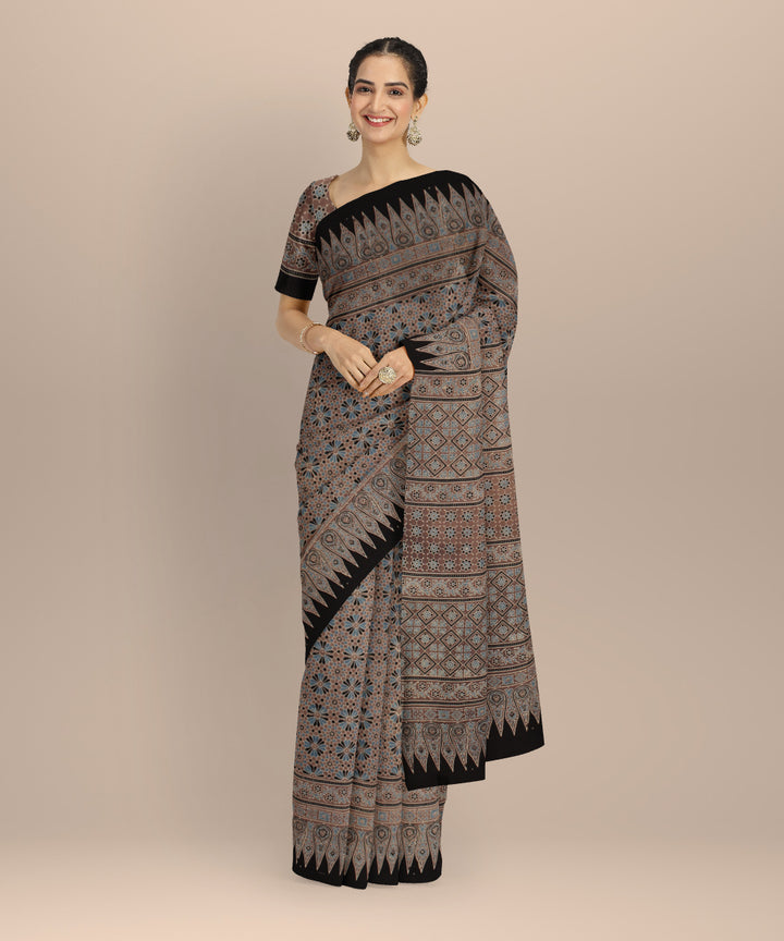 Black beige cotton hand printed ajrakh saree