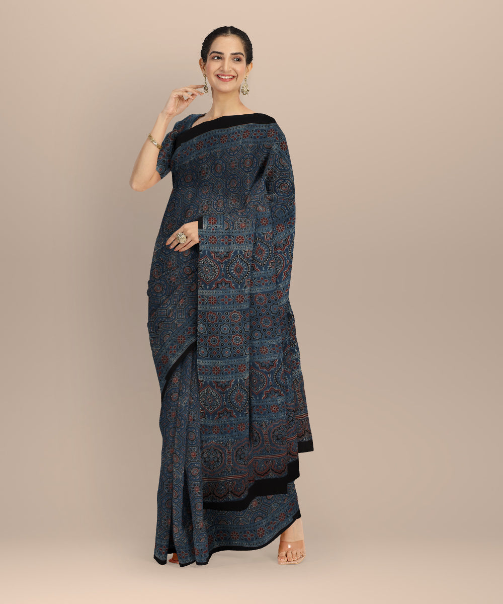 Black indigo hand printed cotton ajrakh saree