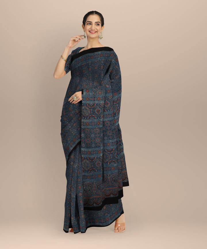 Black indigo hand printed cotton ajrakh saree