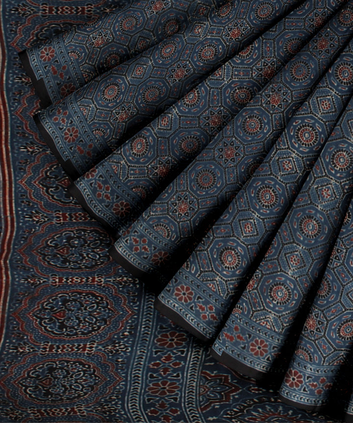 Black indigo hand printed cotton ajrakh saree