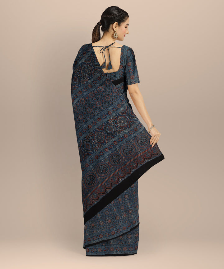 Black indigo hand printed cotton ajrakh saree
