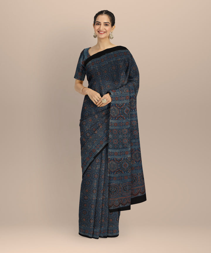 Black indigo hand printed cotton ajrakh saree