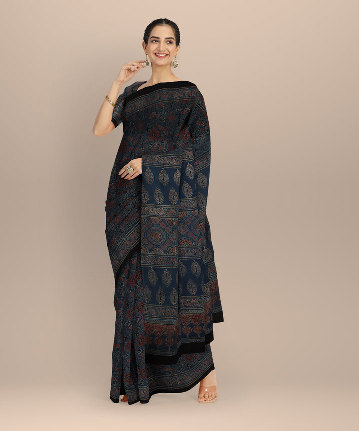 Black indigo cotton hand block printed ajrakh saree