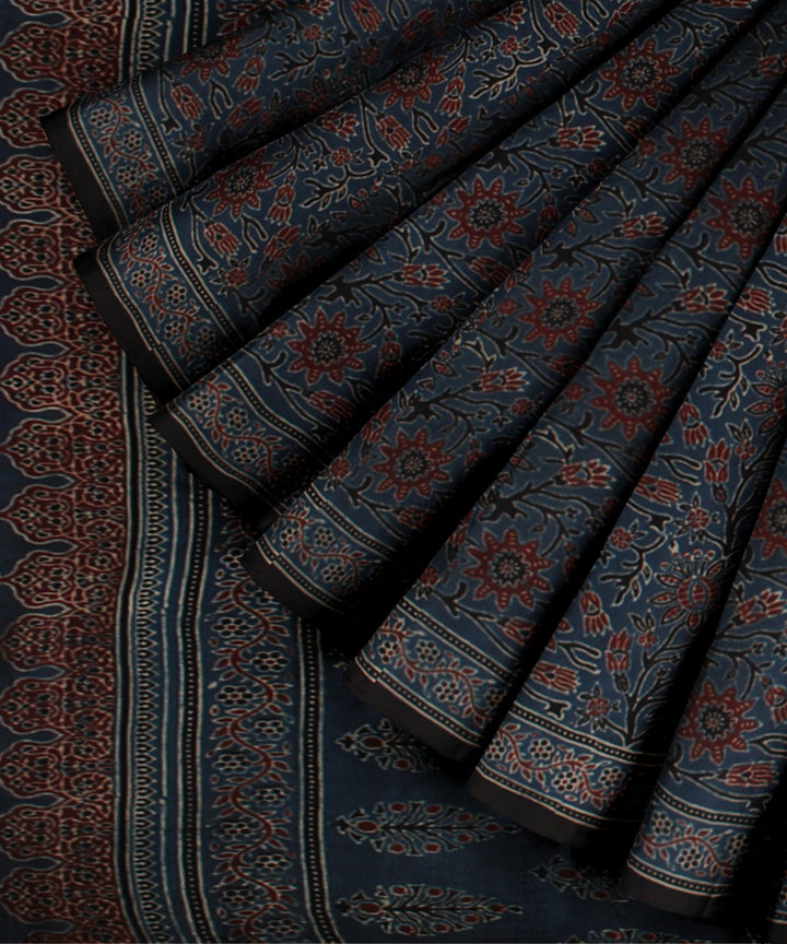 Black indigo cotton hand block printed ajrakh saree