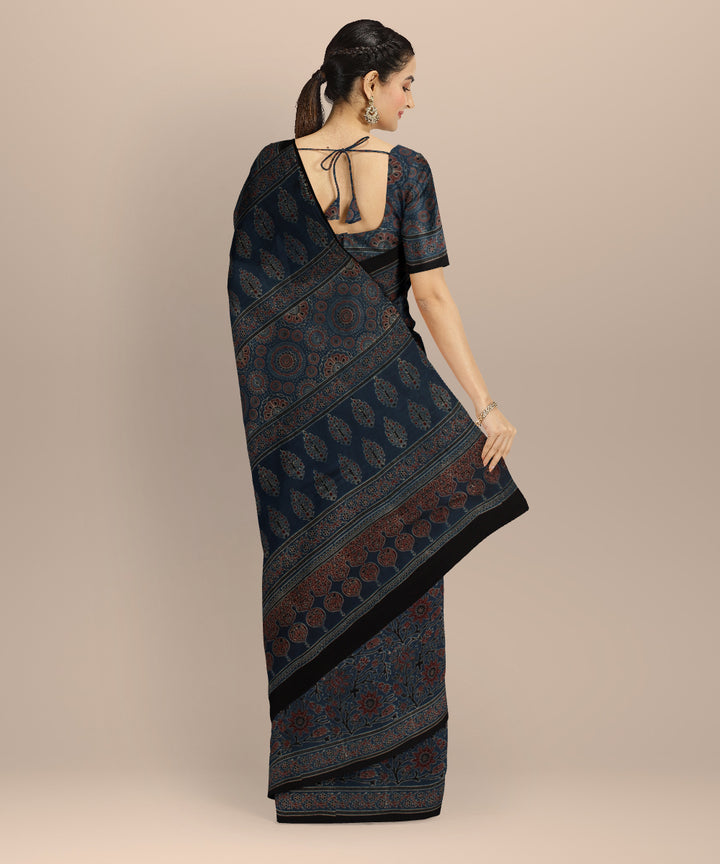 Black indigo cotton hand block printed ajrakh saree
