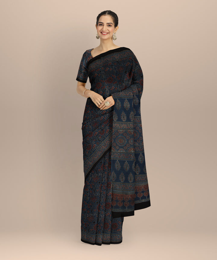 Black indigo cotton hand block printed ajrakh saree