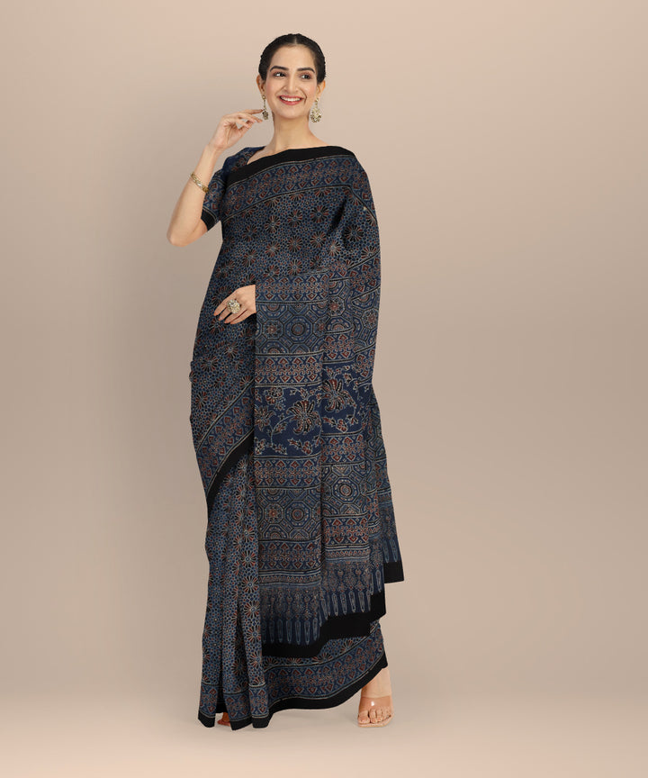Multicolor hand cotton printed ajrakh saree