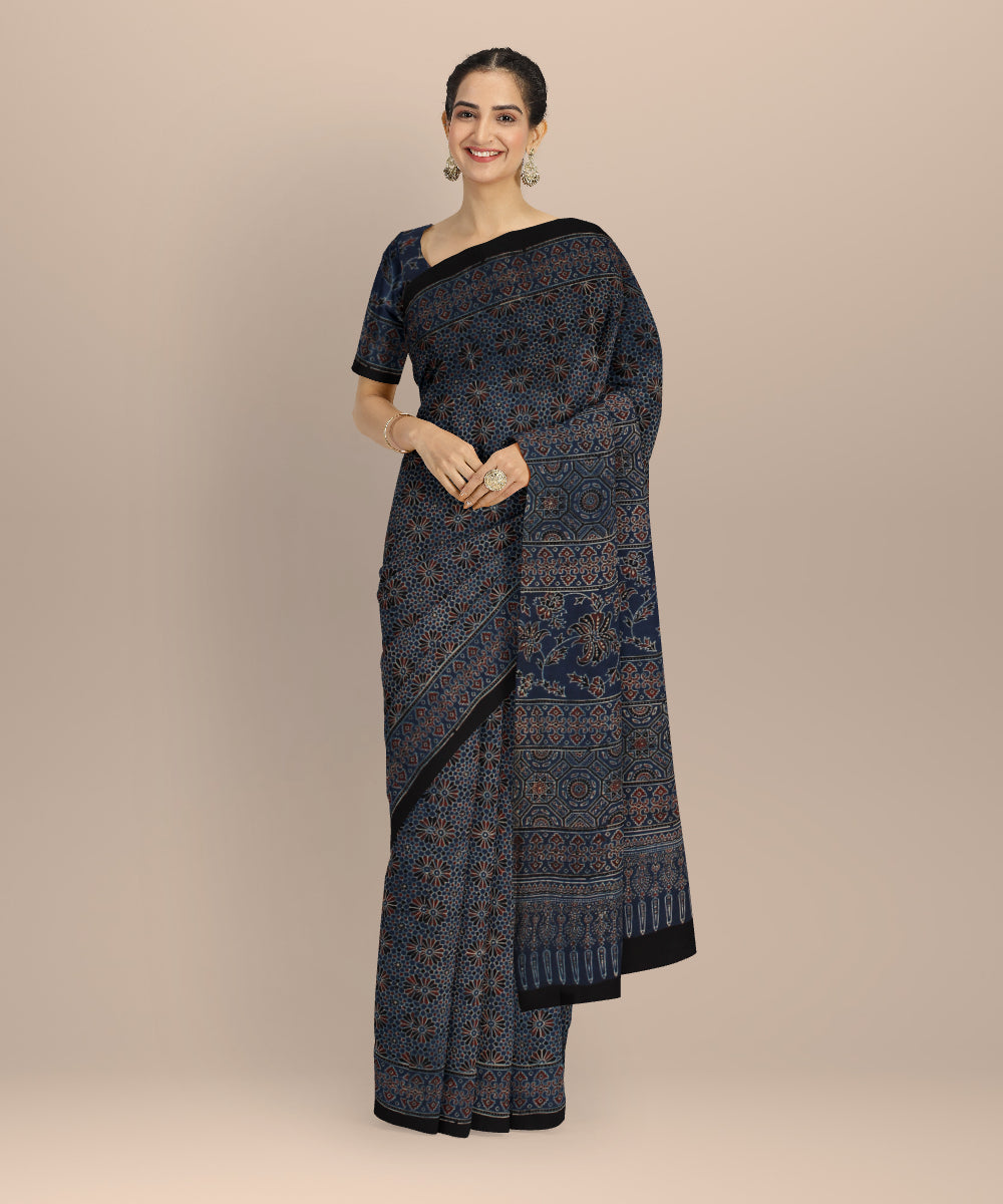 Multicolor hand cotton printed ajrakh saree
