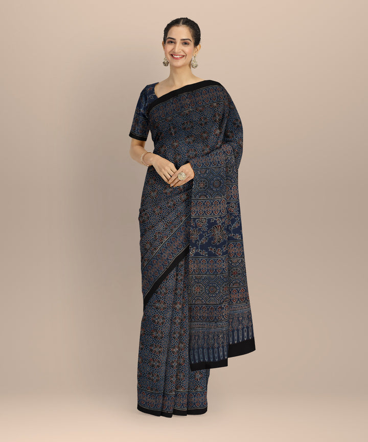Multicolor hand cotton printed ajrakh saree