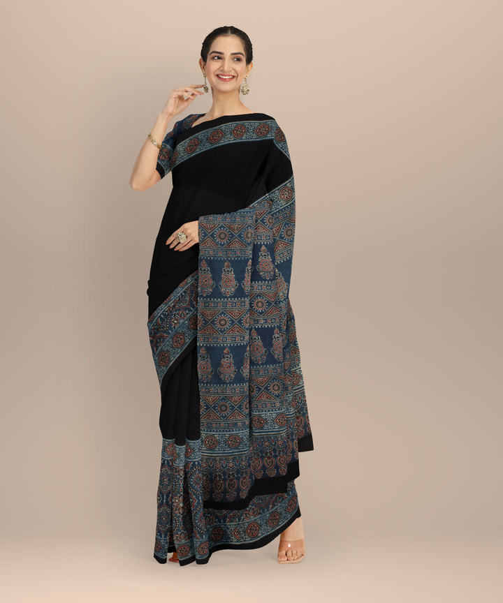 Black indigo printed ajrakh cotton saree