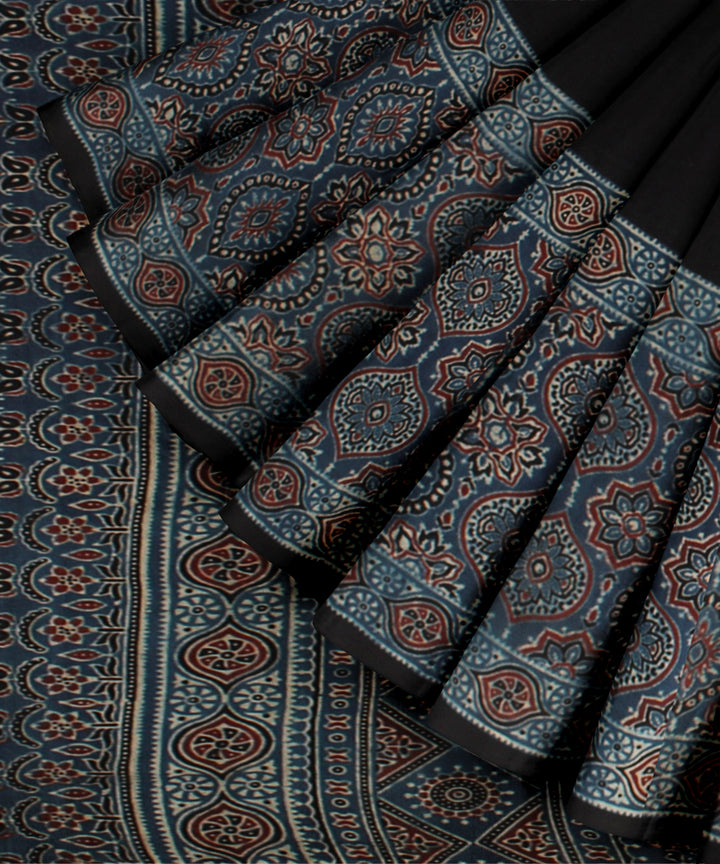 Black indigo printed ajrakh cotton saree