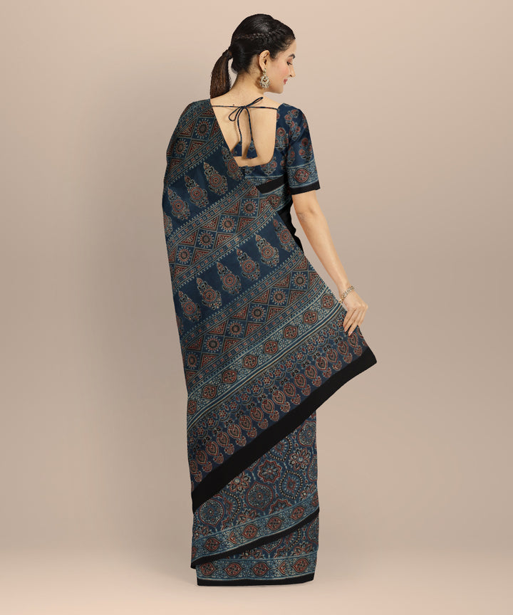 Black indigo printed ajrakh cotton saree