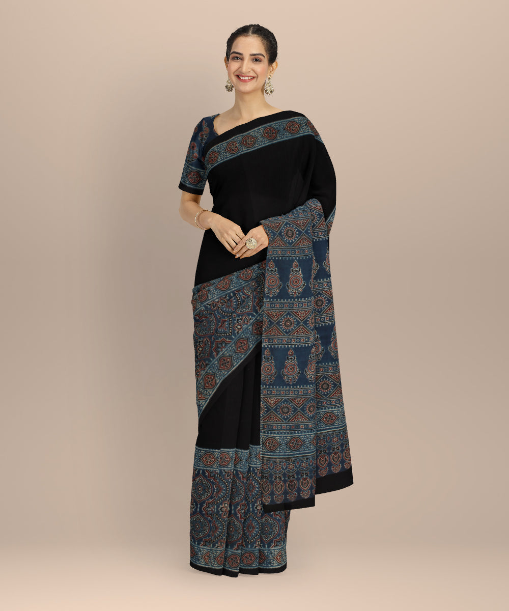 Black indigo printed ajrakh cotton saree