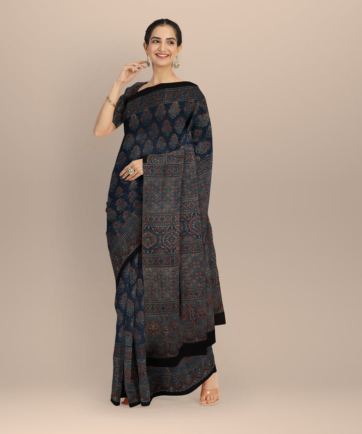 Black indigo hand block printed cotton ajrakh saree