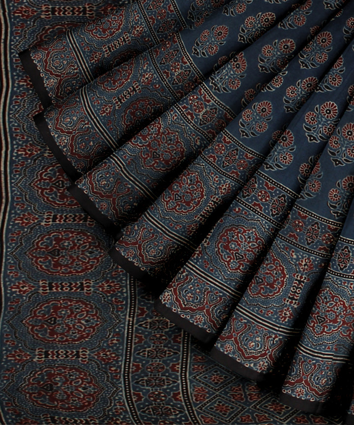 Black indigo hand block printed cotton ajrakh saree