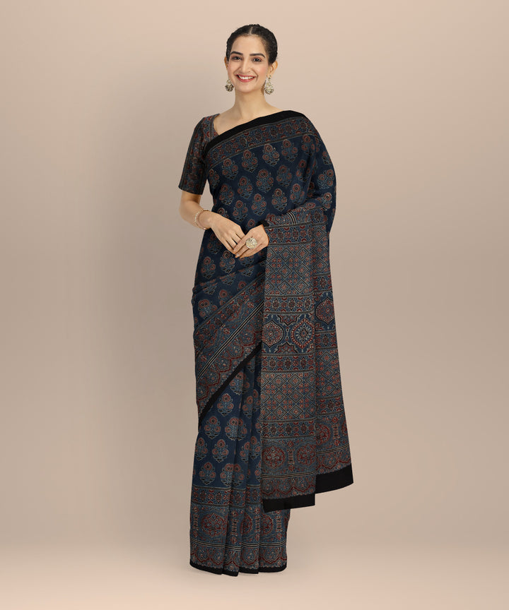 Black indigo hand block printed cotton ajrakh saree