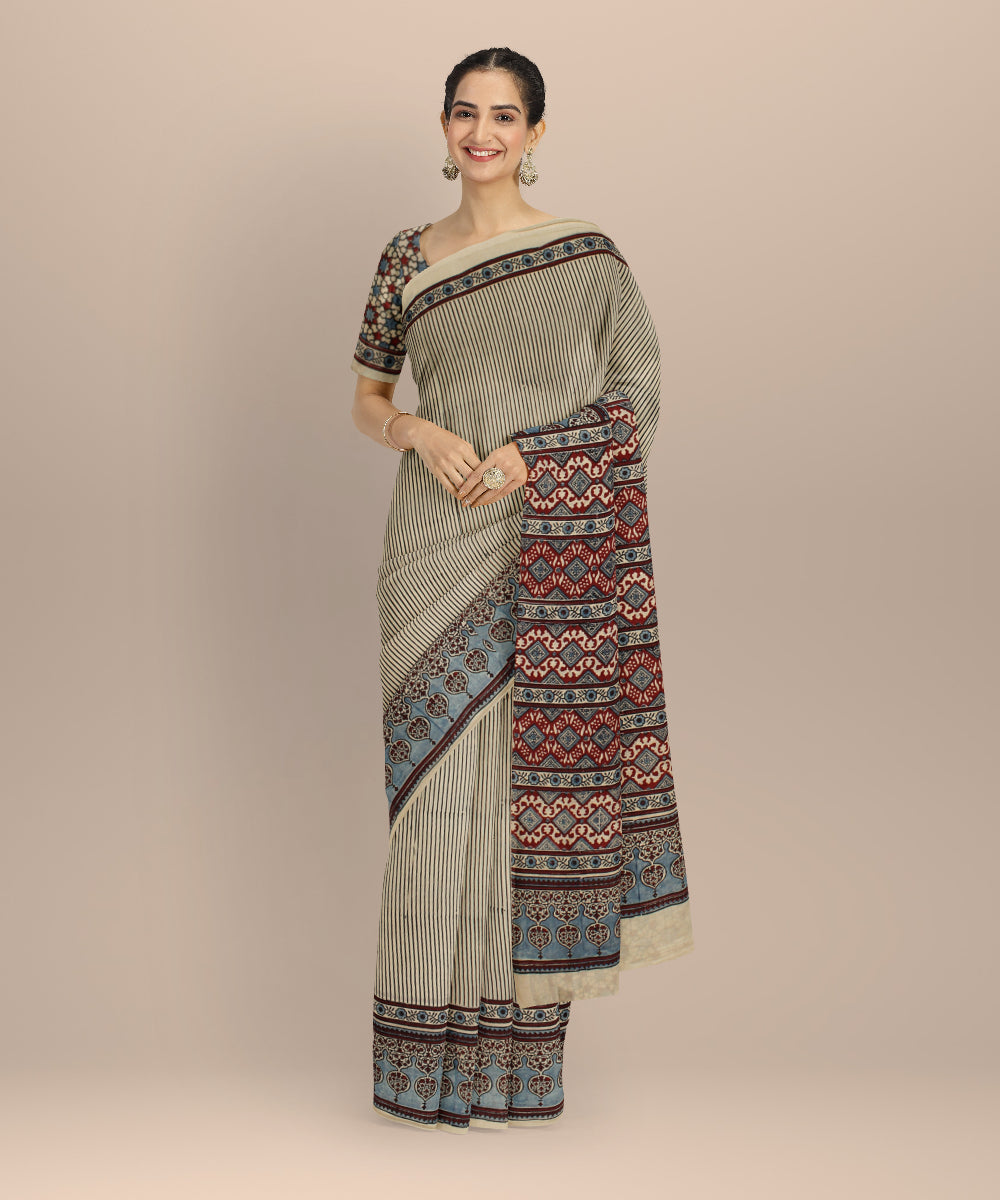 Beige multicolor cotton hand printed ajrakh saree