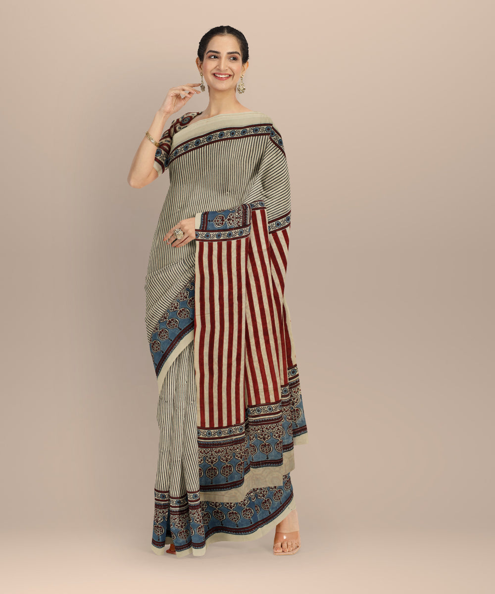 Beige multicolor ajrakh cotton hand printed saree