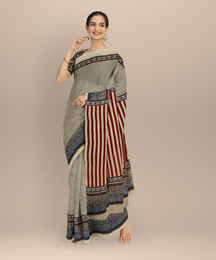 Beige multicolor ajrakh cotton hand printed saree