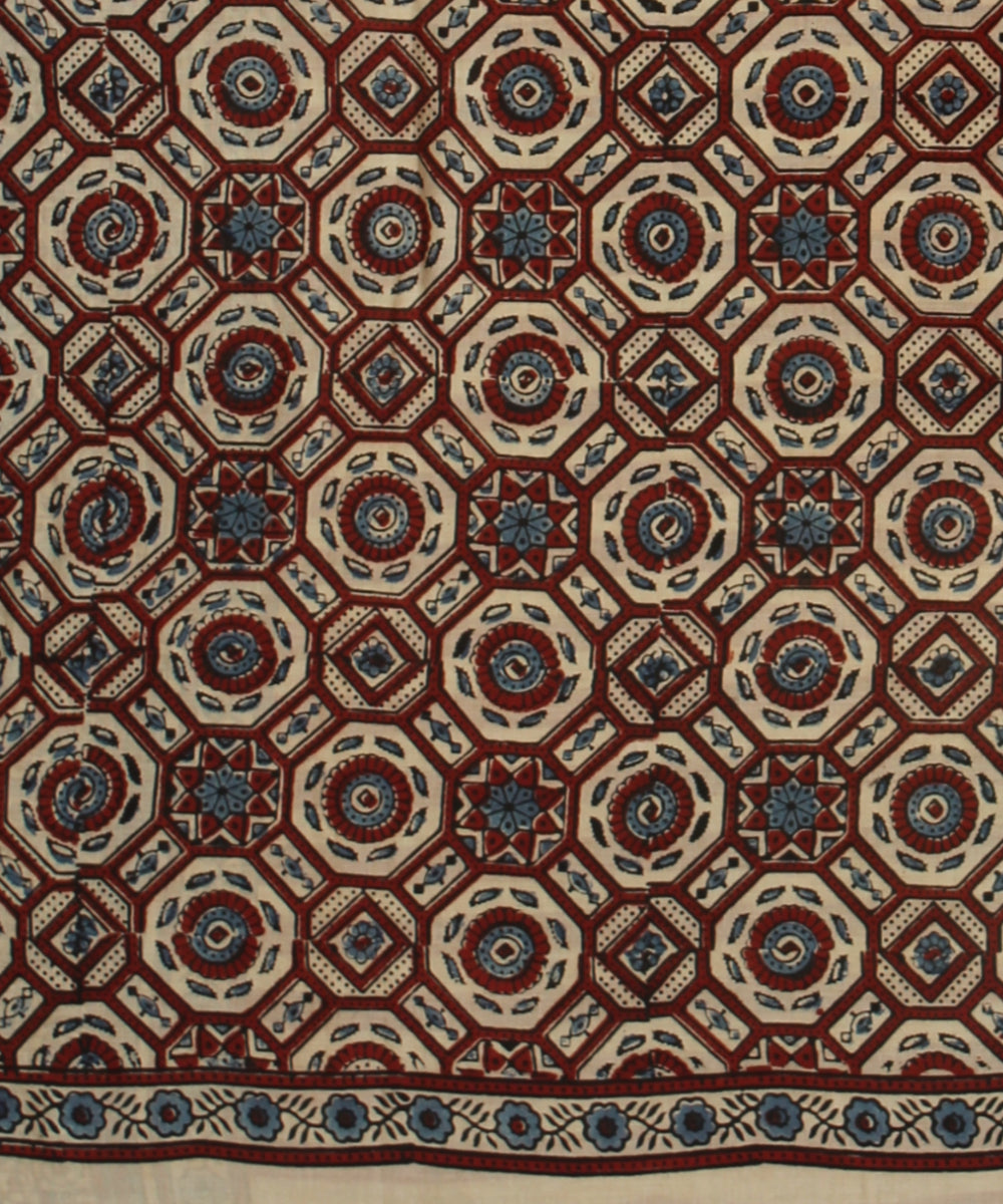 Beige multicolor ajrakh cotton hand printed saree