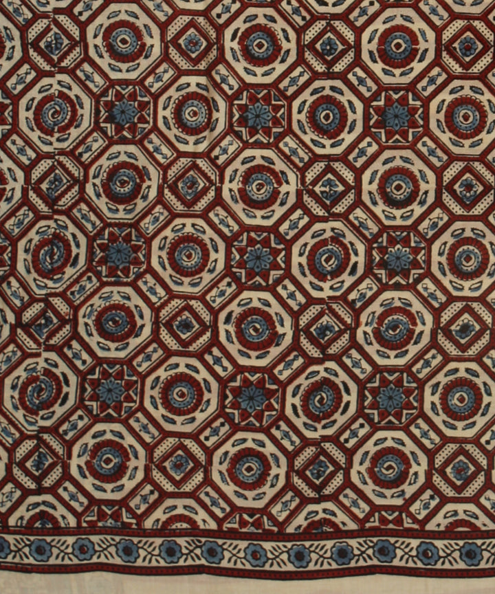 Beige multicolor ajrakh cotton hand printed saree