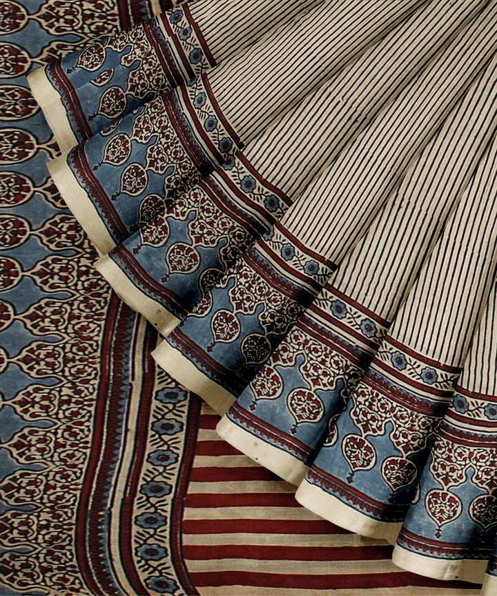 Beige multicolor ajrakh cotton hand printed saree