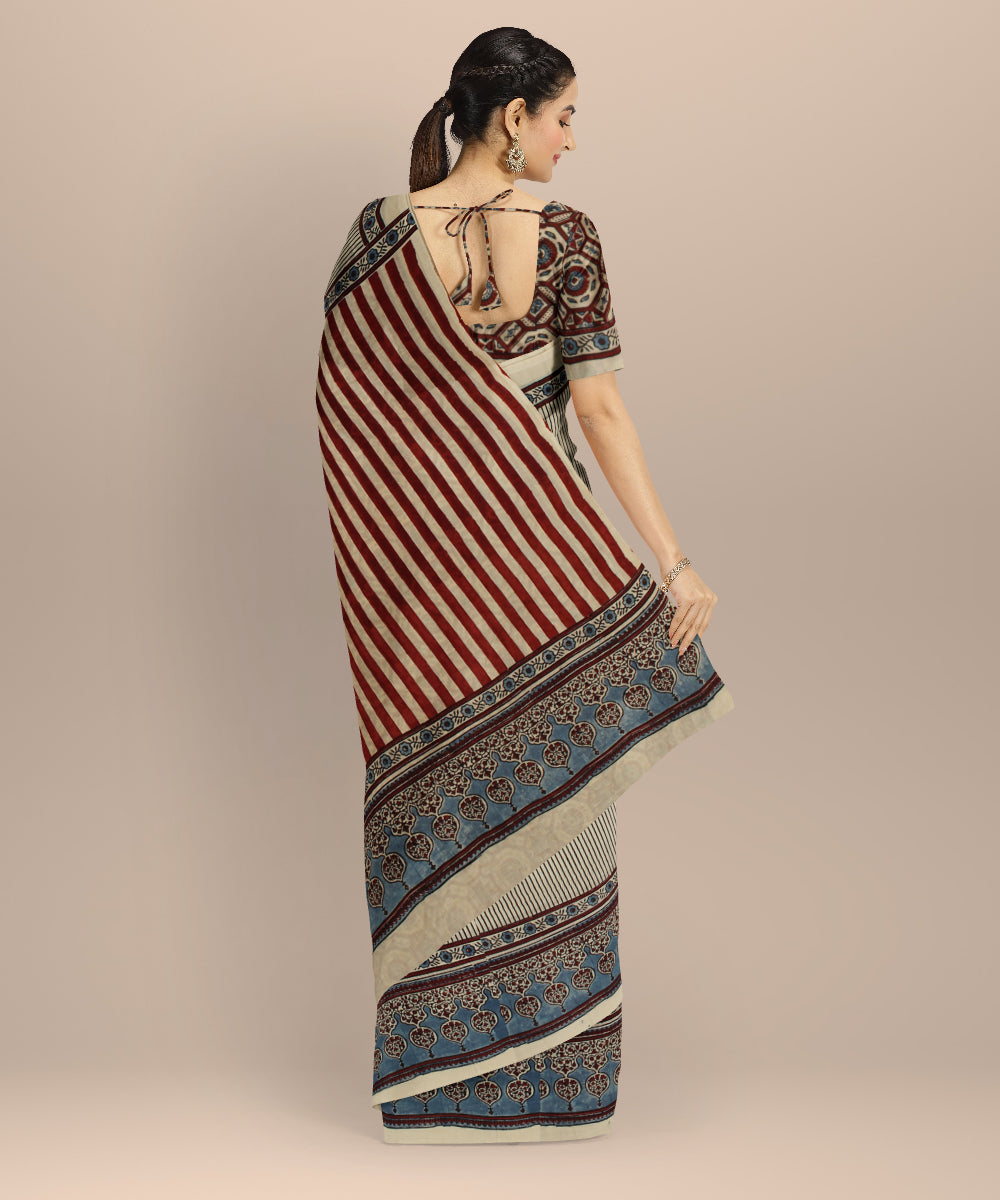 Beige multicolor ajrakh cotton hand printed saree
